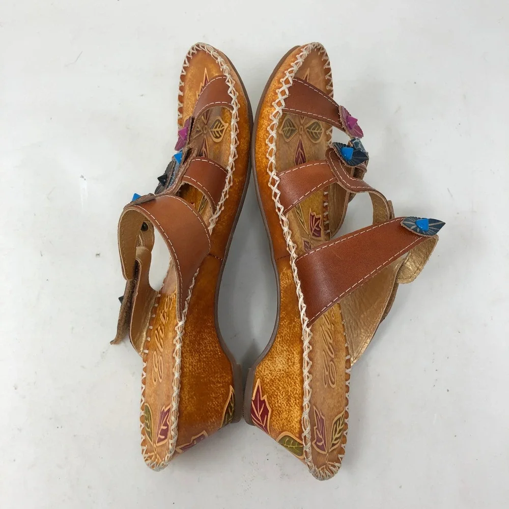 Elite by Corkys Womens 7 Anna Wedge Sandals Brown Floral Tooled Leather Boho